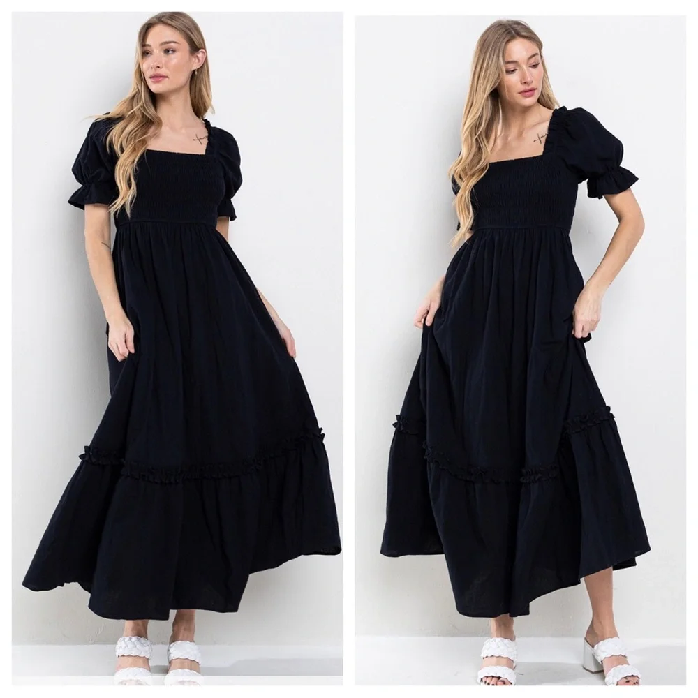 Boho Beautiful Linen Solid Smoking Detail Long Dress - Picture 4 of 5